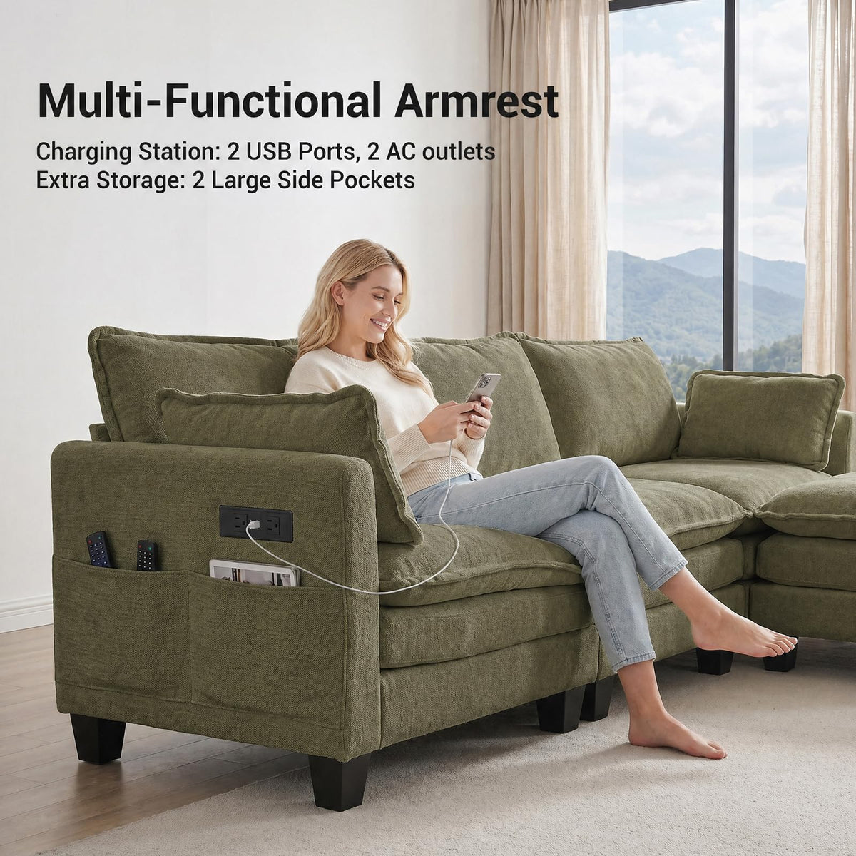 108" Modular Sectional Sofa Cloud Couch - U Shape Sofa with Charging Station Side Storage - Chenille Comfy Couches with Ottoman Movable for Living Room Bedroom Apartment Office, Green