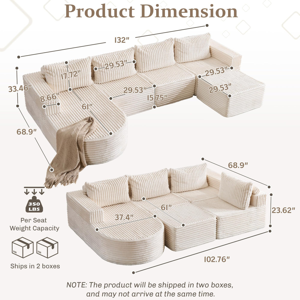 132” Oversized Cloud Couch, Modular L-Shaped Sectional Sofa with Chaise & Ottoman, Deep Seat Corduroy Boneless Couch, No Assembly Convertible Sofa for Living Room(Beige)