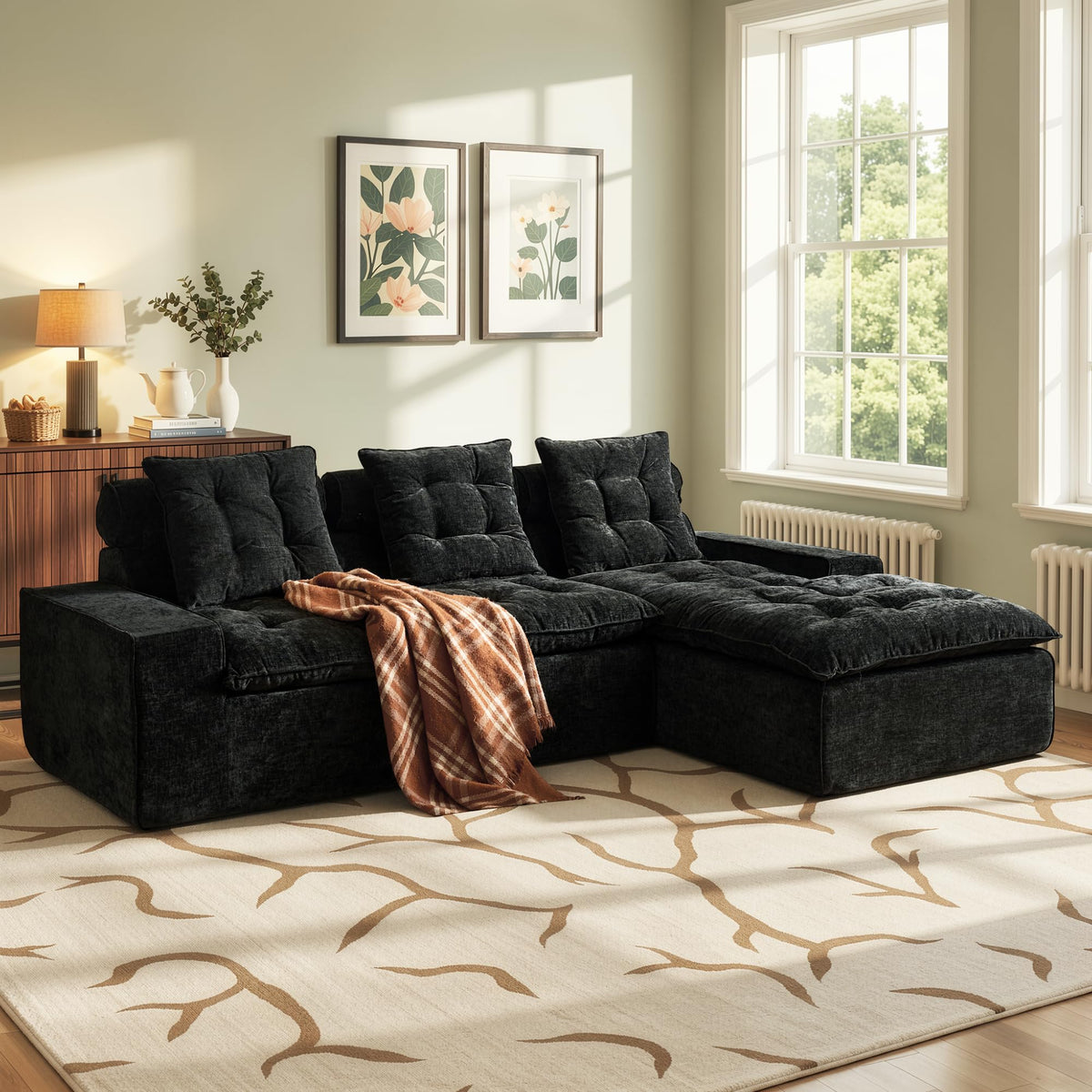 106" Cloud Sectional Couch with L-Shape Chaise & Ottoman, No Assembly Modular Sofa, Deep Seat Plush Corduroy Boneless Couched for Living Room (Black Plush Corduroy, L Shape with Ottoman-Left Facing)