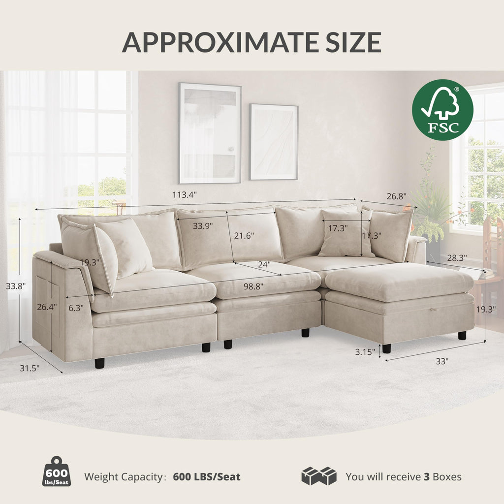113.4'' Modular Sectional Couches with Storage Ottoman