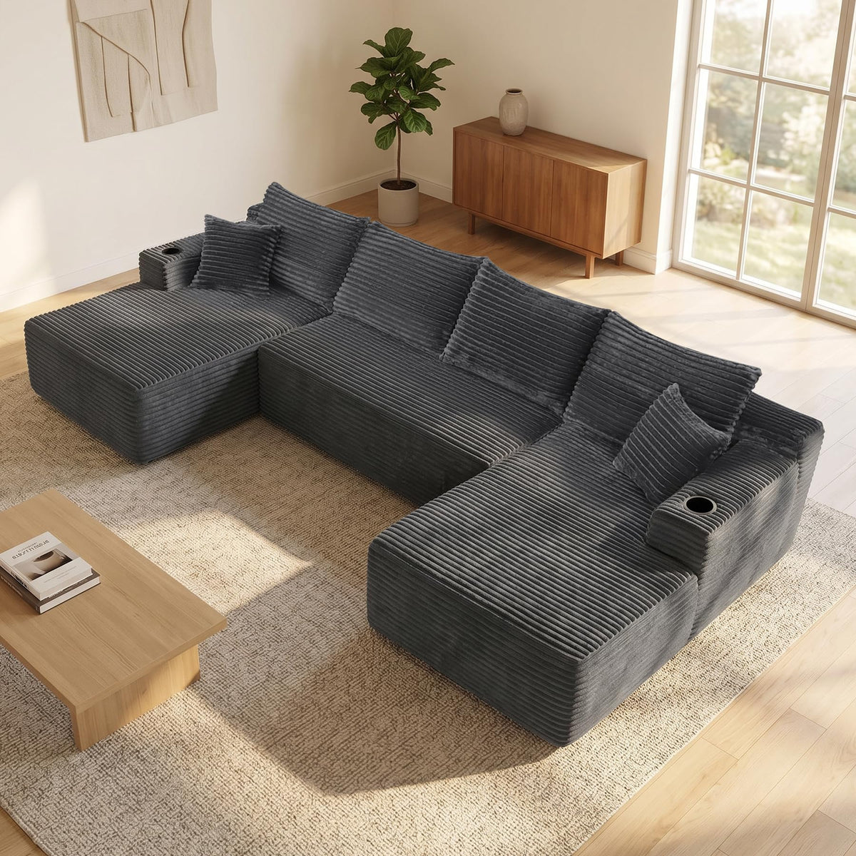 133“ U-Shaped Segmented Sofa with Side Pockets/Cup Holders, Modular Design, Deep Seat, Upholstered Sofa for Living Room/Bedroom, No Assembly Required, Gray