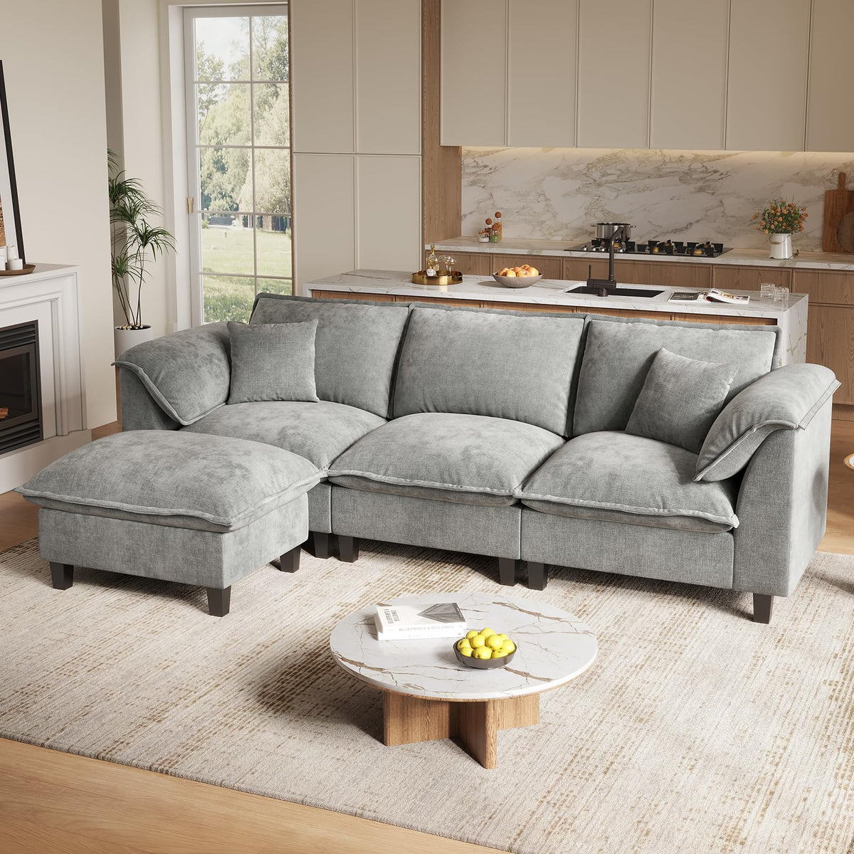 112'' Modular Sectional Sofa with Ottoman, 3-Seat Chenille L-Shaped Couch with Washable Cushion Covers, Curved Padded Armrests, Comfy Upholstered Sofa for Living Room, Gray