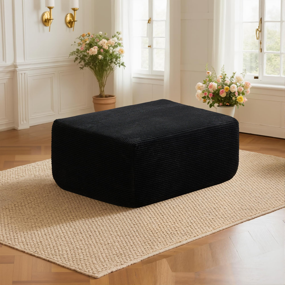 104" L-Shape Modular Sectional Sofa Couch,Comfy Upholstered Cloud Couch for Living Room,Modern Minimalist Couches,Deep Seat,No Assembly Required (Black,Plush Corduroy, Right Facing Chaise w/Ottoman)