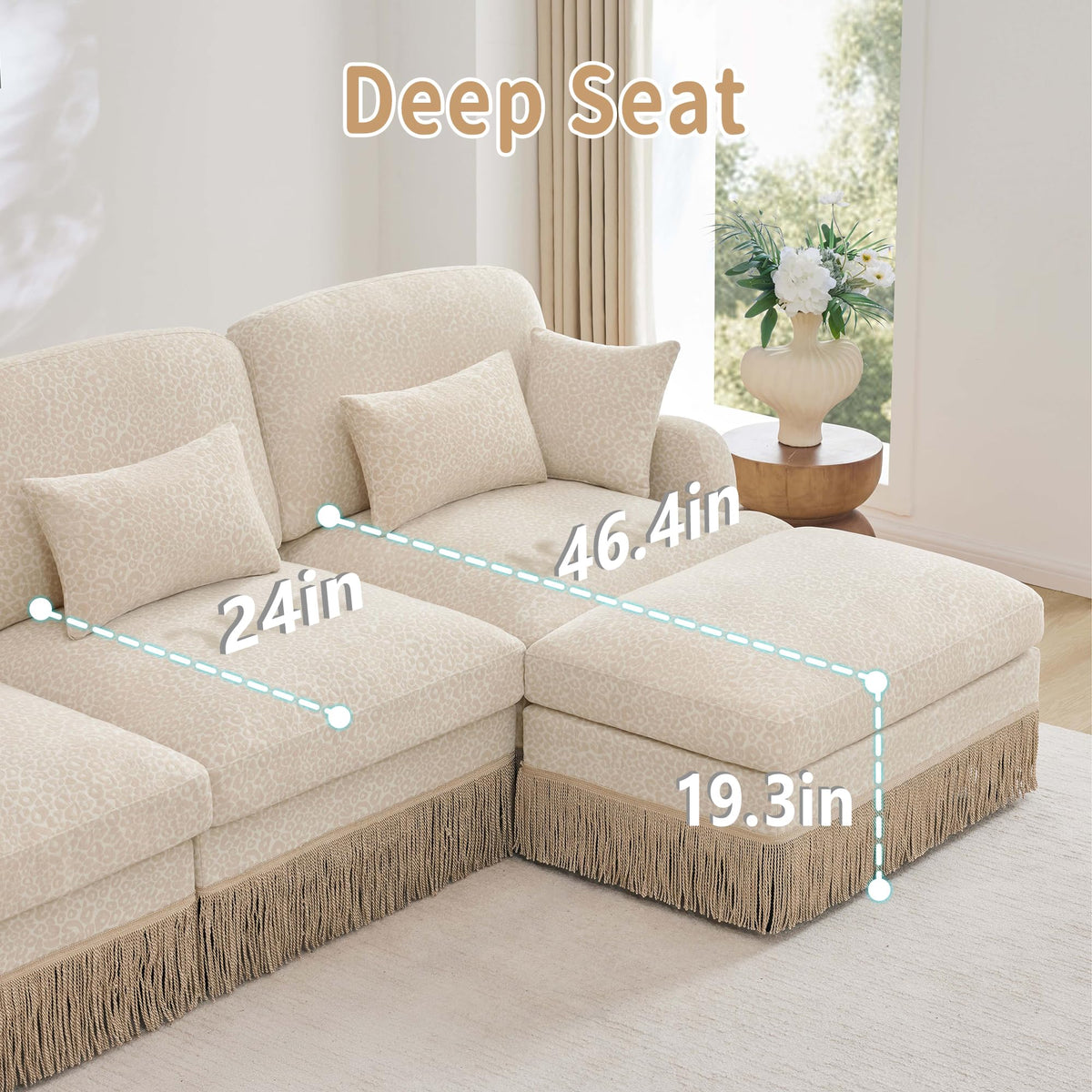 100" Leopard Print Chenille Modular Sectional Sofa with Tassels, L-Shaped Deep Seat Cloud Couch with Ottomans for Living Room, BGE-KHK