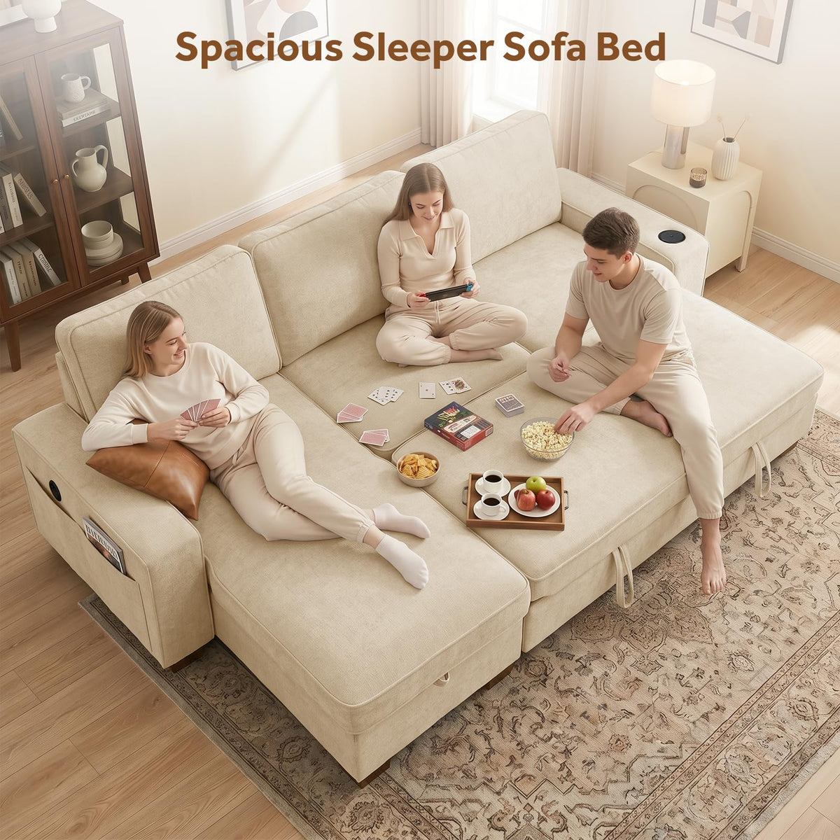 100" L-Shaped Sectional Sleeper Sofa Bed with Storage Chaise, Beige