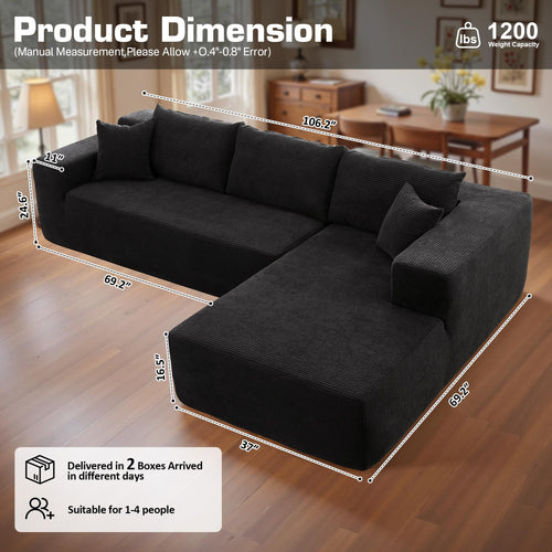 106" Cloud Sectional Couch with Chaise Lounge,L Shaped Modular Modern Sofa,Comfy Corduroy Fluffy Sofa with Deep Seat,No Assembly Required Couch for Living Room(Right,Stripe Corduroy,Black)