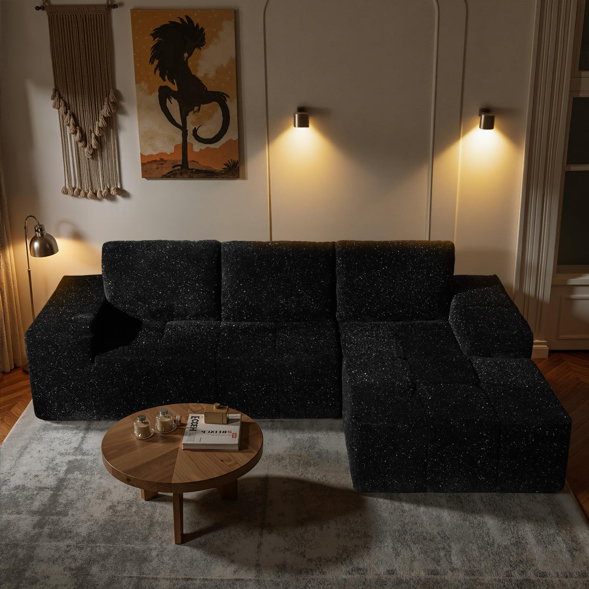 104" L-Shape Modular Sectional Sofa Couch,Comfy Upholstered Cloud Couch for Living Room,Modern Minimalist Couches,Deep Seat,No Assembly Required (Black,Plush Corduroy, Right Facing Chaise w/Ottoman)