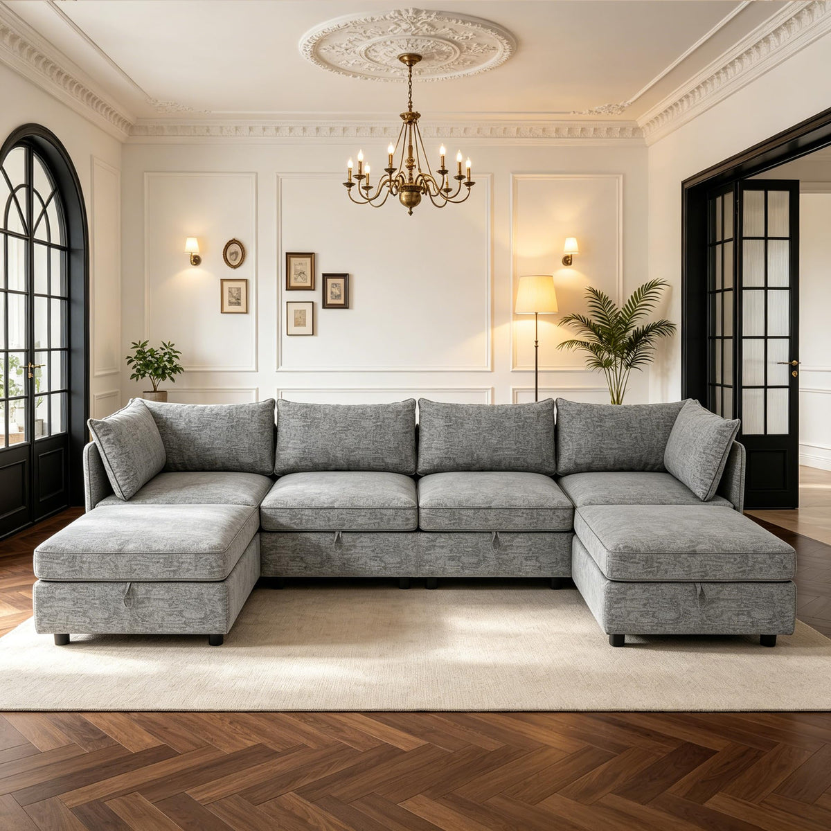 129” Modular Sectional Sofa, Convertible 6 Person U Shaped Couch with Storage, 2 Removable Ottomans & Deep Seats, Memory Foam, Comfy Modular Couch for Living Room (Antique Blue, 6 Seat)