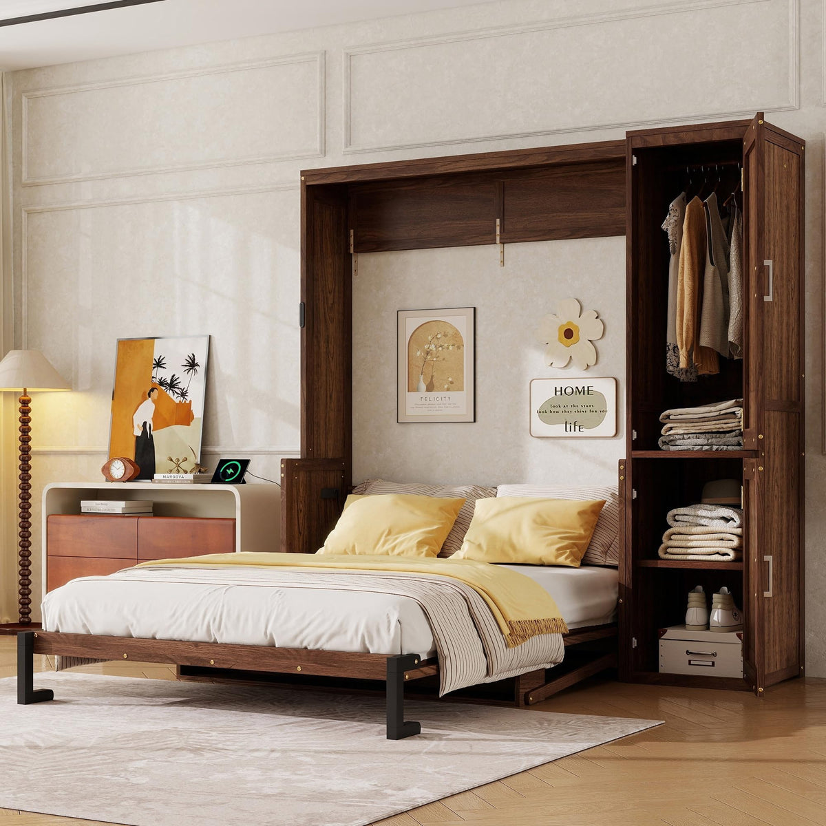 Wood Murphy Bed with Sofa, 4 Storage Shelves and USB Charging Station