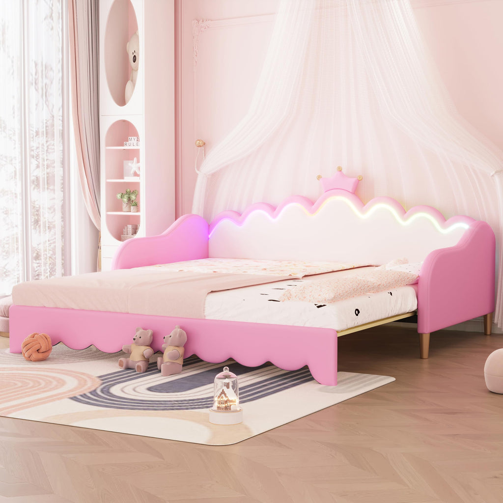 Twin Extending Daybed with LED Lights, Upholstered Princess Daybed with Crown Headboard,Pink