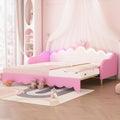 Twin Extending Daybed with LED Lights, Upholstered Princess Daybed with Crown Headboard,Pink