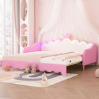 Twin Extending Daybed with LED Lights, Upholstered Princess Daybed with Crown Headboard,Pink