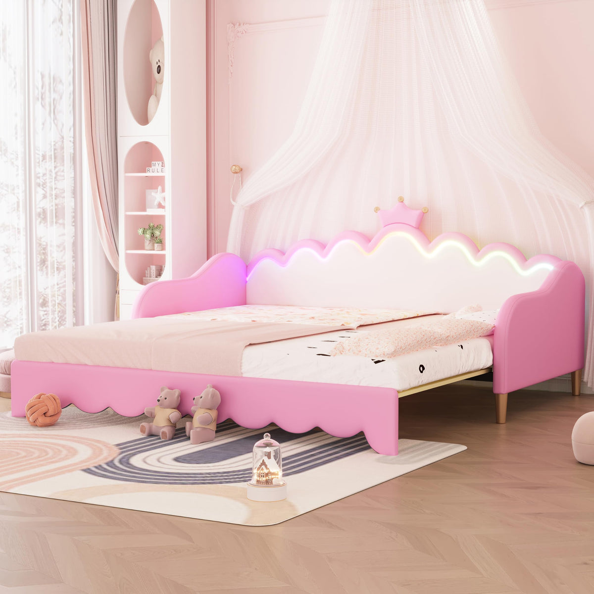 Twin Extending Daybed with LED Lights, Upholstered Princess Daybed with Crown Headboard,Pink