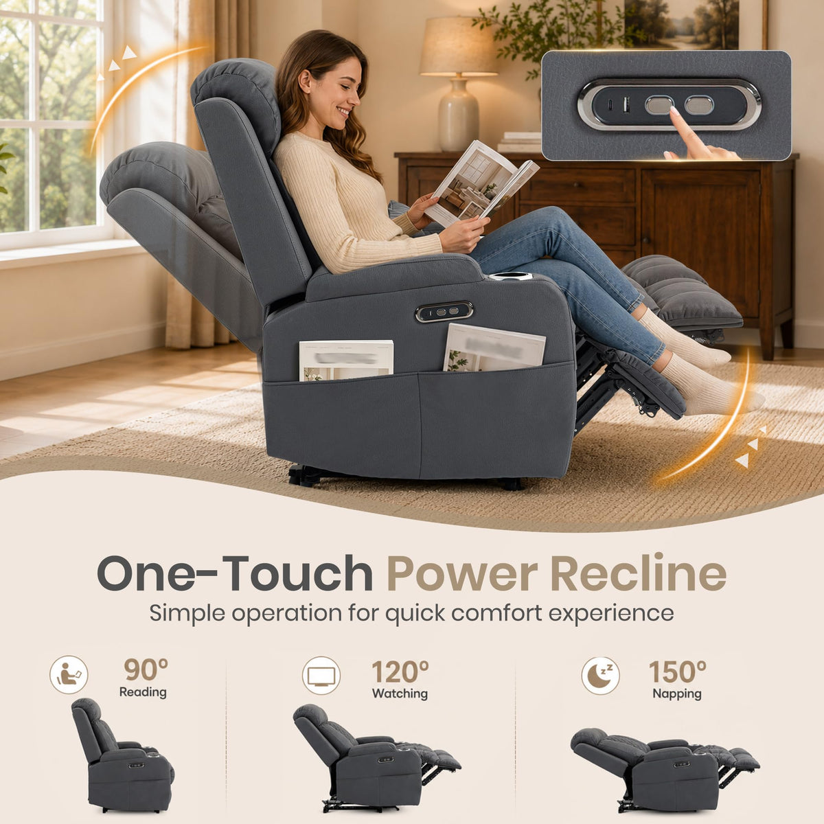 Wall Hugger Power Reclining Sofa w/ Adjustable Headrest, Gray