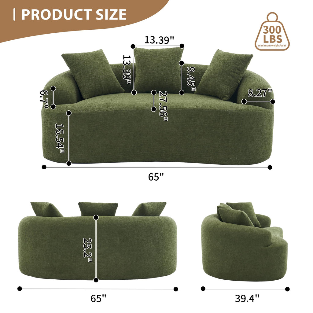 025S Green Curved Loveseat: Compressed No Assembly, Chenille Small Sofa, 30D Sponge, Compact for Apartments, 65" L, 300Lbs, 3 Pillows