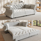 Velvet Pull-Out Sofa Bed, 3-in-1 Convertible Sleeper Sofa with Pillows, Button Tufted Chesterfield King Size Couch for Small Spaces & Apartments (Beige, 97.6")