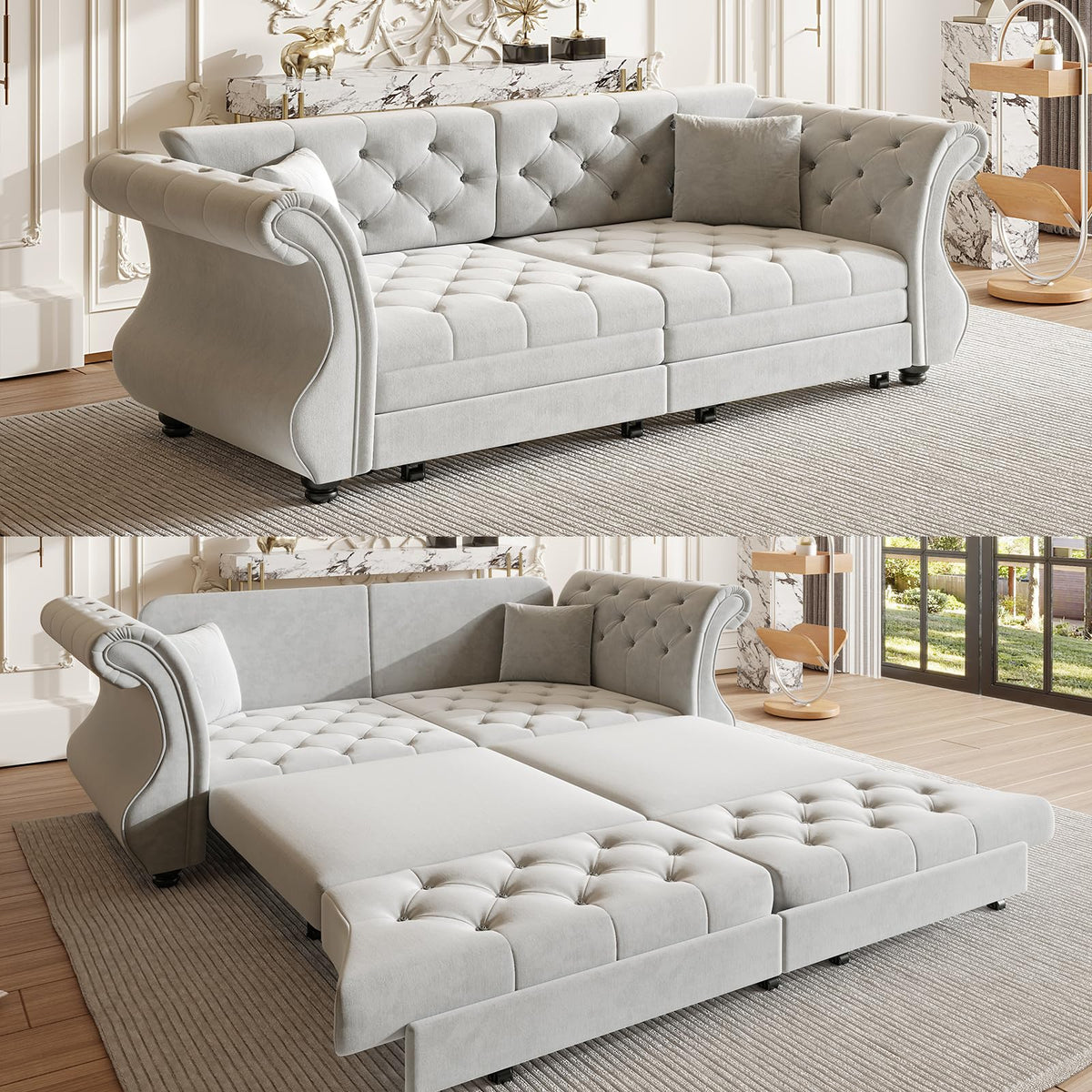 Velvet Pull-Out Sofa Bed, 3-in-1 Convertible Sleeper Sofa with Pillows, Button Tufted Chesterfield King Size Couch for Small Spaces & Apartments (Beige, 97.6")