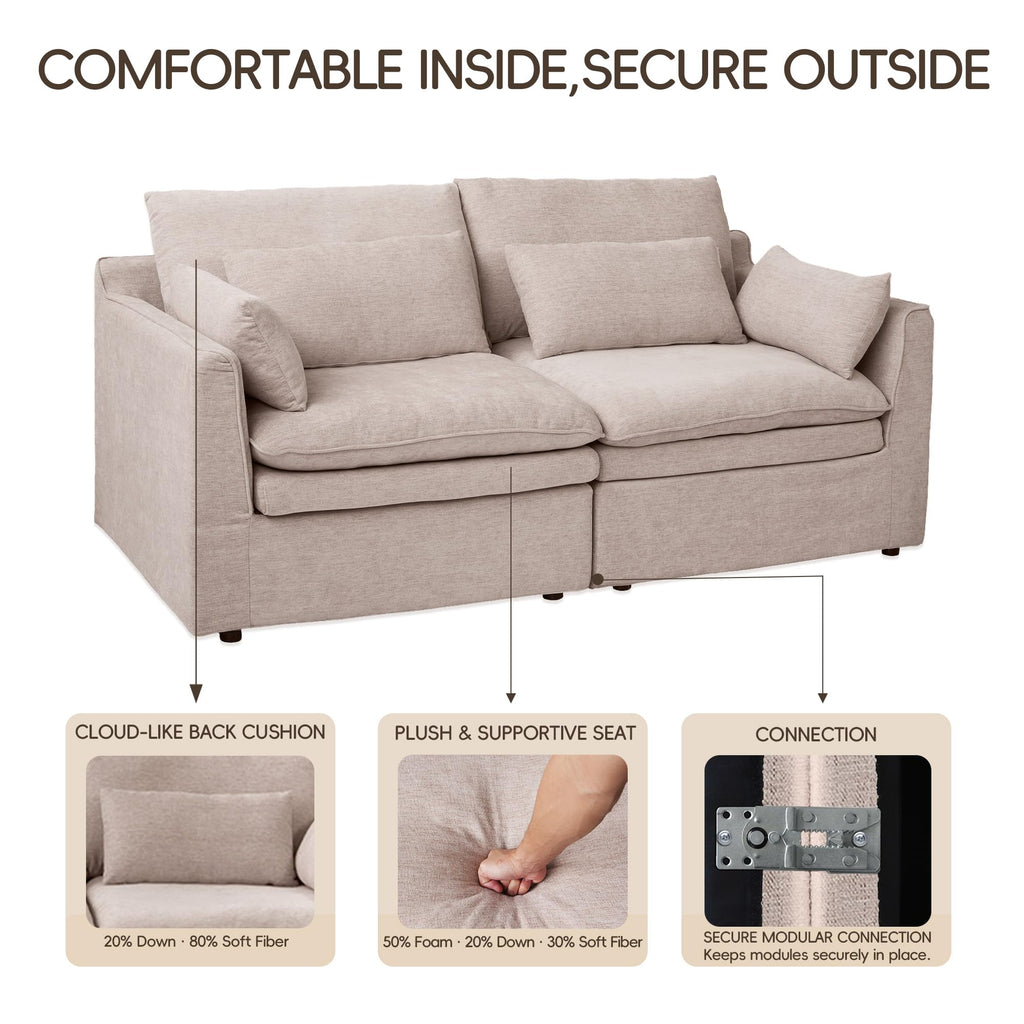 120" Cloud Couch Modular Sectional Sofa for Living Room, 3-Seater with Ottoman, Modern Sofa with Small Pillows Deep Seat L Shapedd Couch Covers Removeble Comfy Linen Khaki