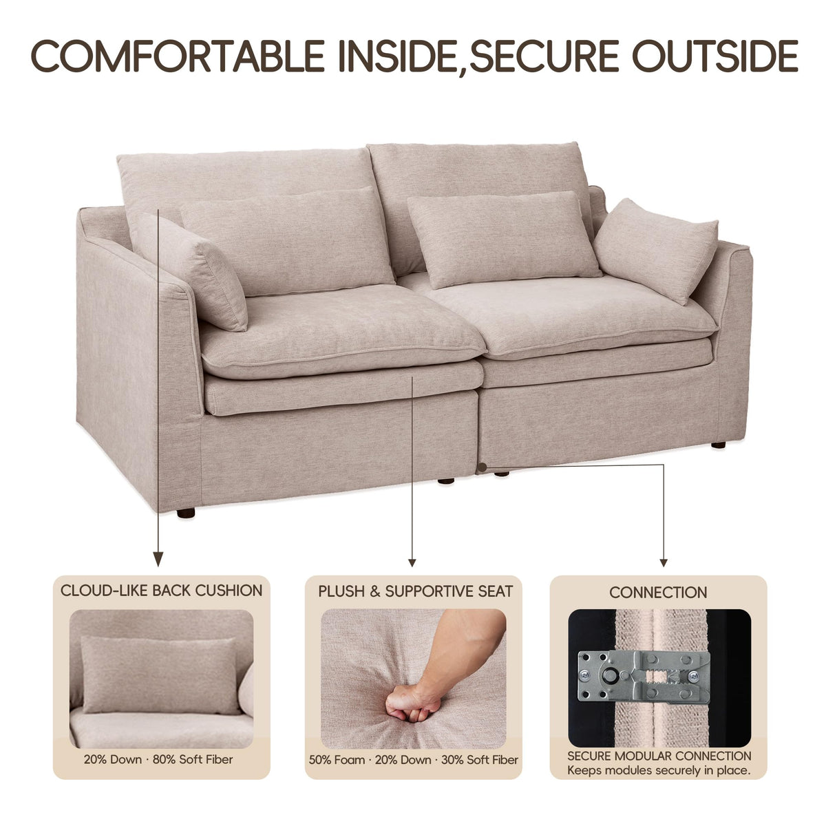 120" Cloud Couch Modular Sectional Sofa for Living Room, 3-Seater with Ottoman, Modern Sofa with Small Pillows Deep Seat L Shapedd Couch Covers Removeble Comfy Linen Khaki