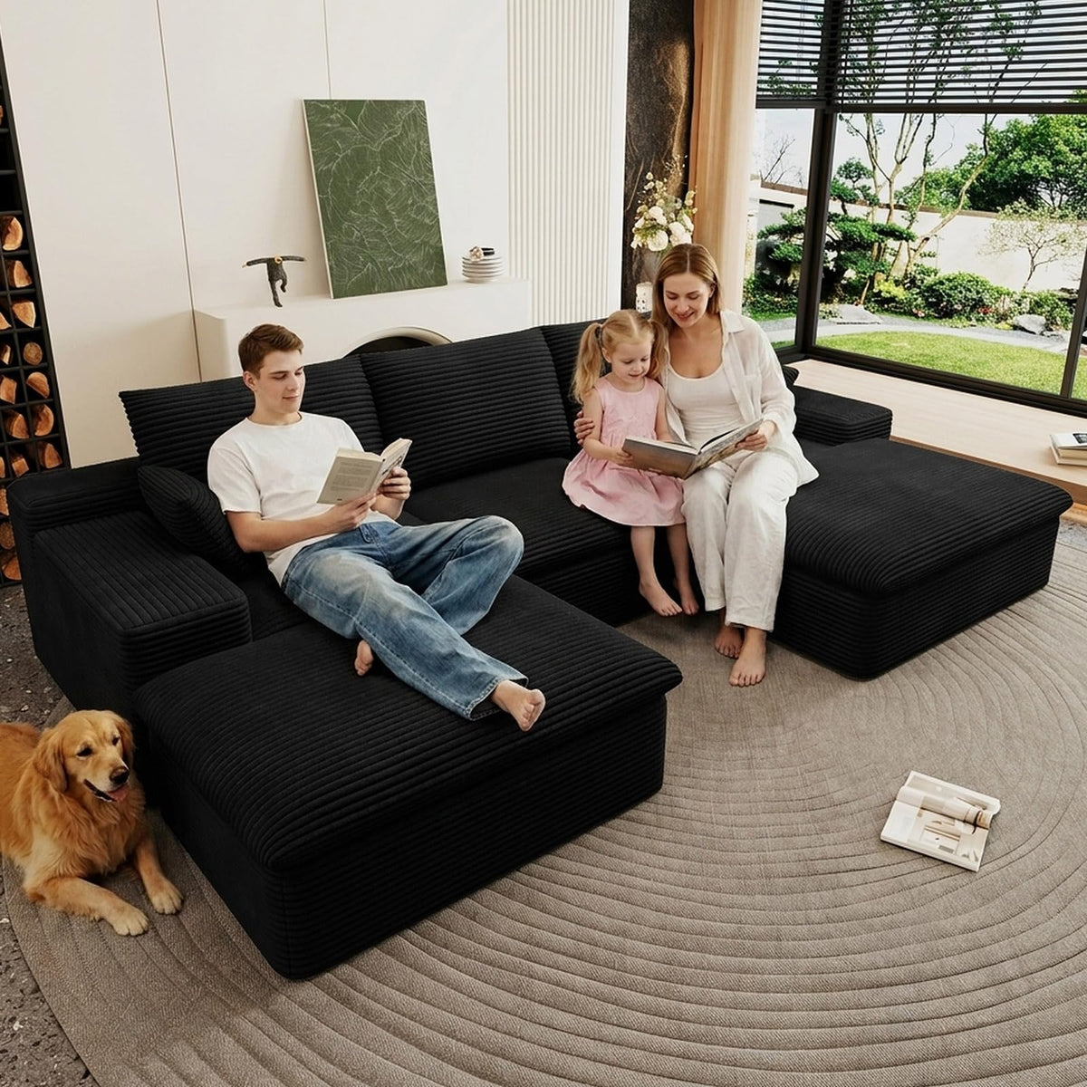 107" Cloud Couch Modular Sectional Couchs with Chaise Lounge, U-Shape Boneless Couches with Ottoman for Living Room, Corduroy Sofa with Deep Seat, No Assembly Required (Green, Left Facing Chaise)