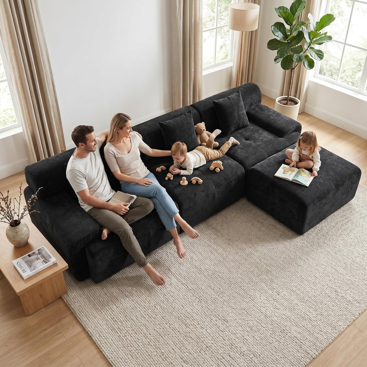 120" Cloud Couch Sectional, Boneless L-Shaped Sofa, Chenille Sofa, Black