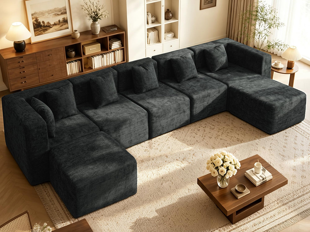 103" Three-Layer Sponge Boneless Couch sectional for Living Room Modular sectional Sofa High-Back 4-Seater L-Shape Couch with Ottoman Memory Foam Waterproof Chenille Black