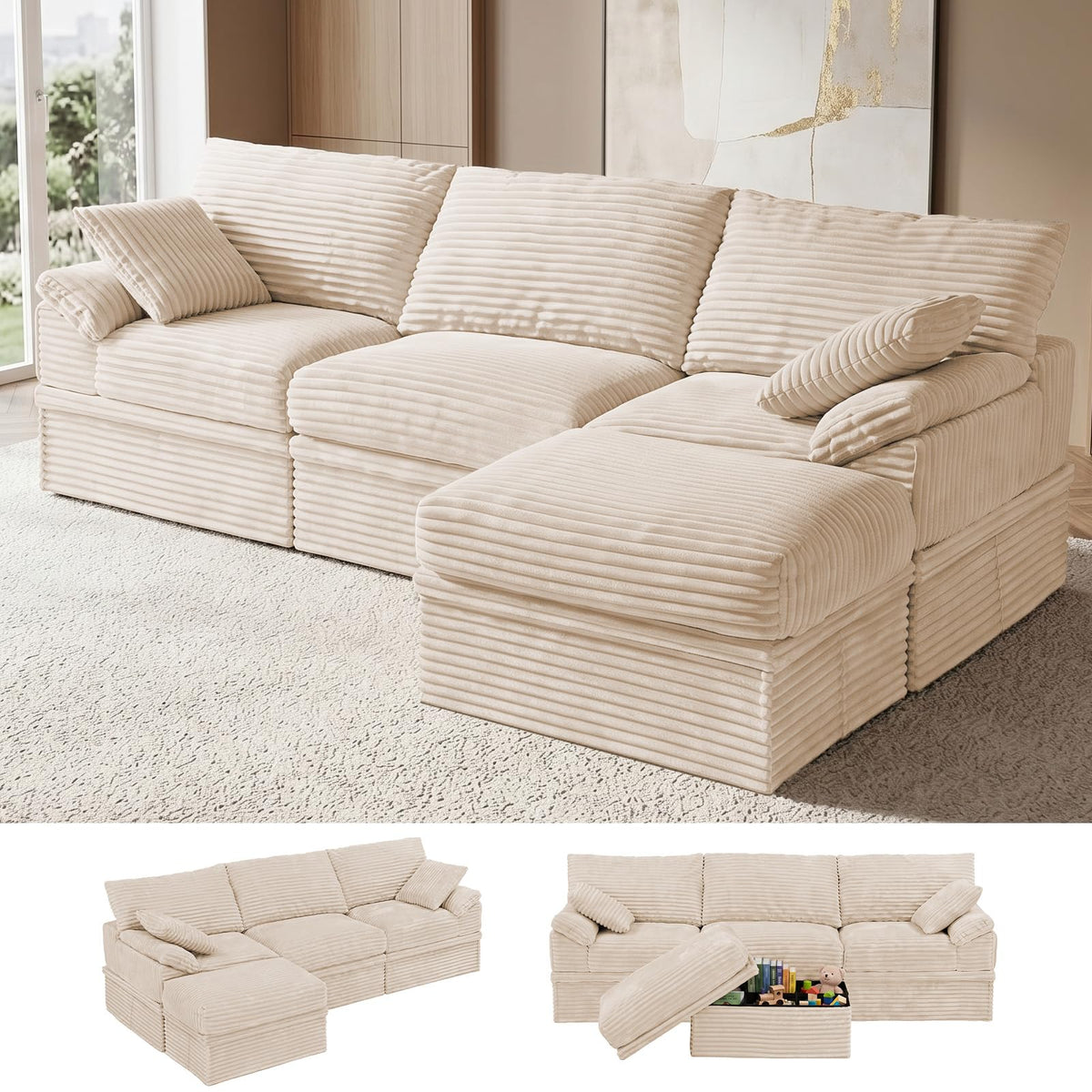107'' Modular Sectional Sofa with Storage, L-Shaped Boneless Couch