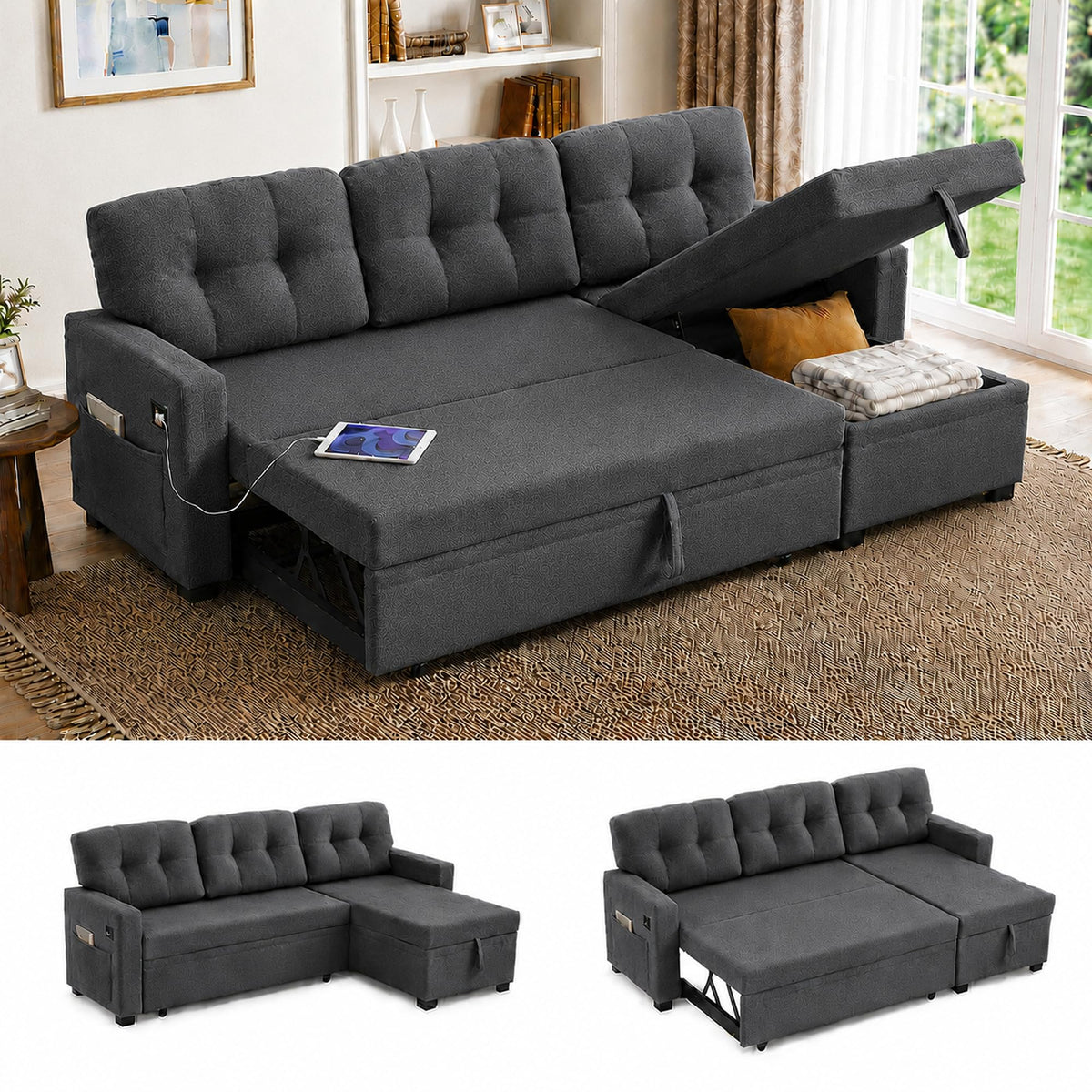 104.5" Sleeper Sectional Sofa Bed, L-Shaped Pull Out Couch