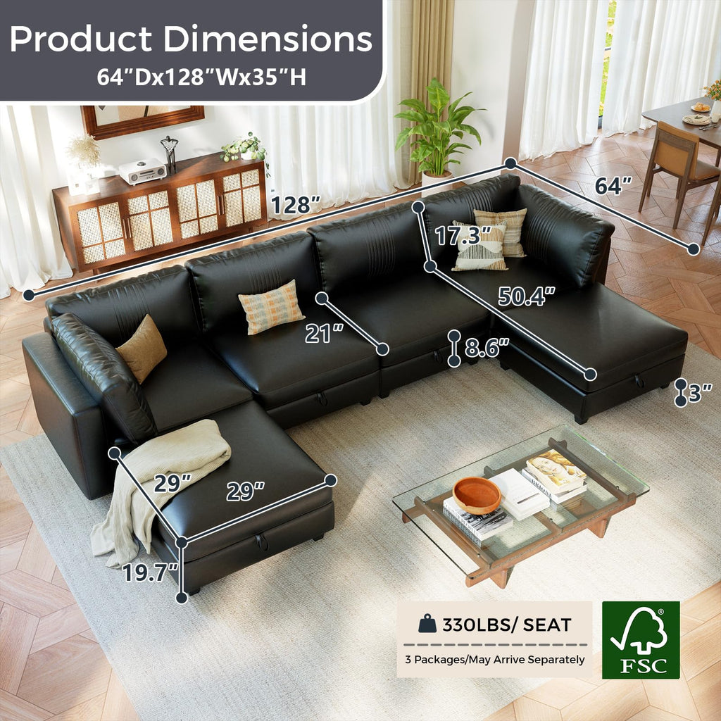 128" 6 Seat Modular Sectional Sofa, Convertible L & U Shaped Couch with Storage, Modern Leather Couch with Ottomans, Faux Leather Sectional Couches for Living Room, Office, Apartment, Black