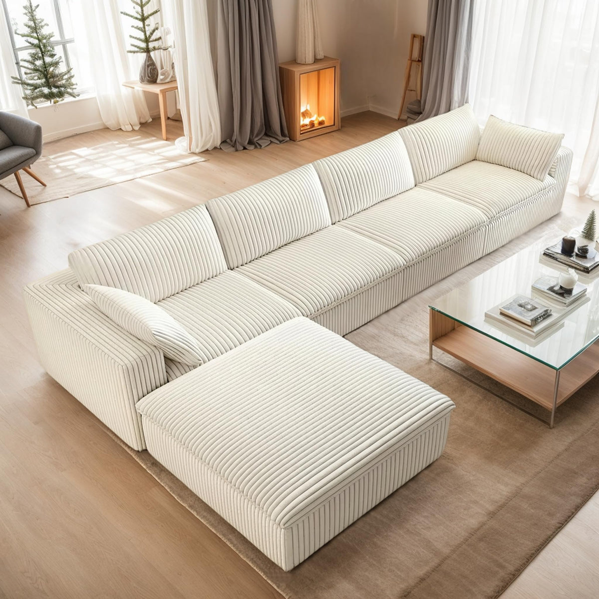 118.2" L‑Shape Modular Cloud Sectional Sofa, 3‑Seater Couch with Ottoman