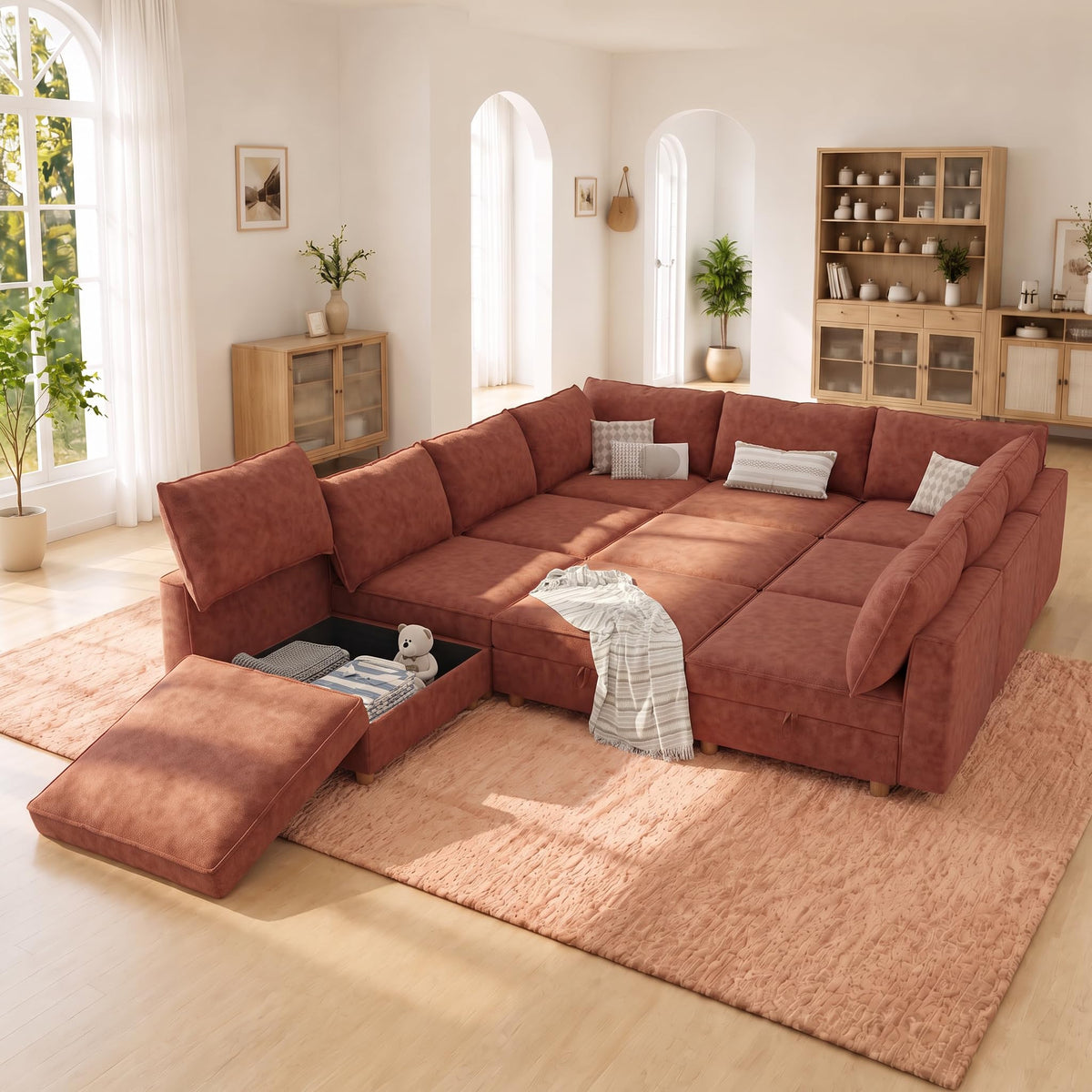 125" Chenille Modular Sectional Sofa Bed Hidden Storage, Convertible L U Shaped Sleeper Couch, 8 Seat Modern Modular Sectional Sofa with Removable Covers & Ottoman Chaise, for Living Room, Beige