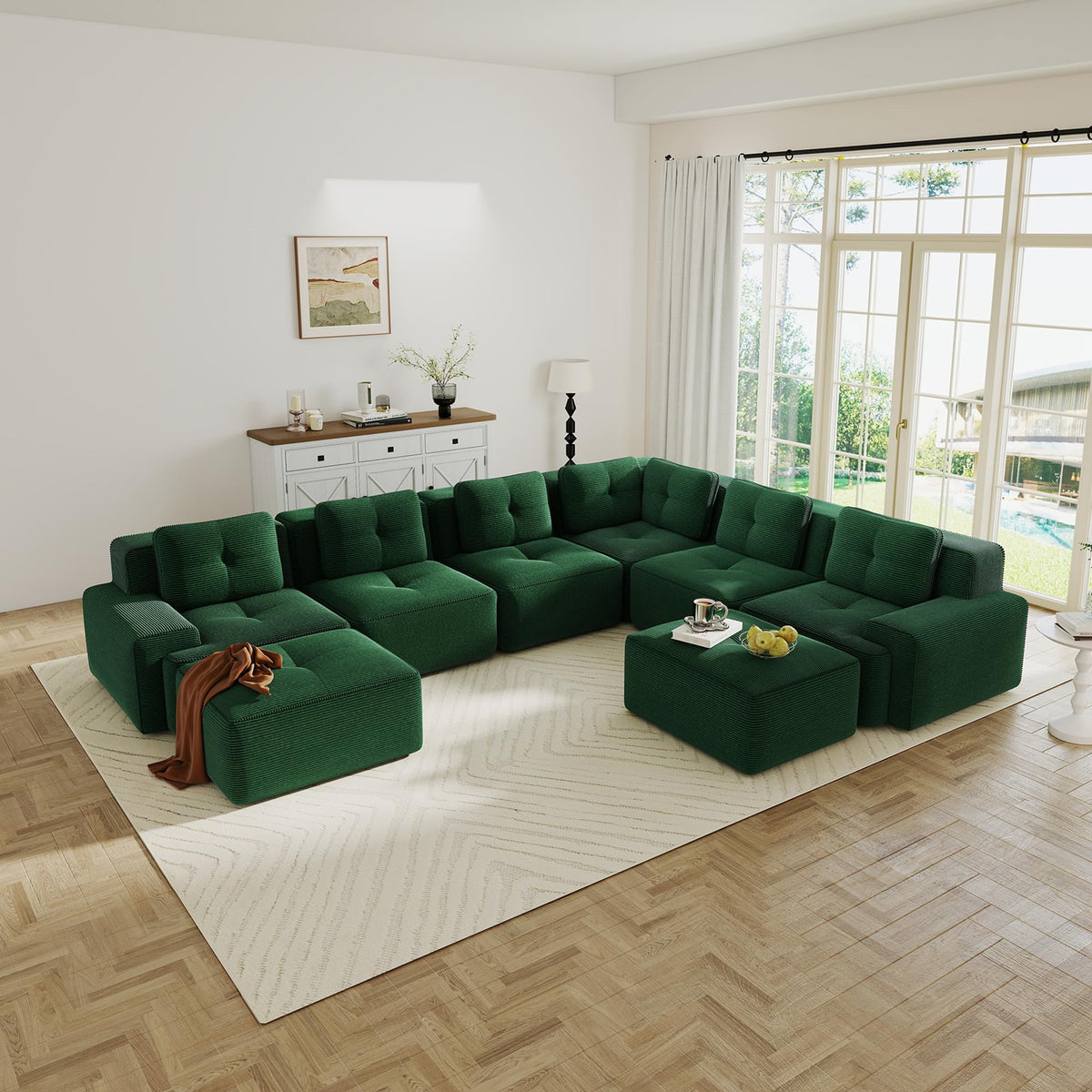 115.3” Camel Boneless Couches for Living Room, Modular Sectional Sofa with L-Shape Chaise, 3 Seater Comfy Upholstered Deep Seat Corduroy Fabric Cloud Couch No Assembly, Anti-Slip Design