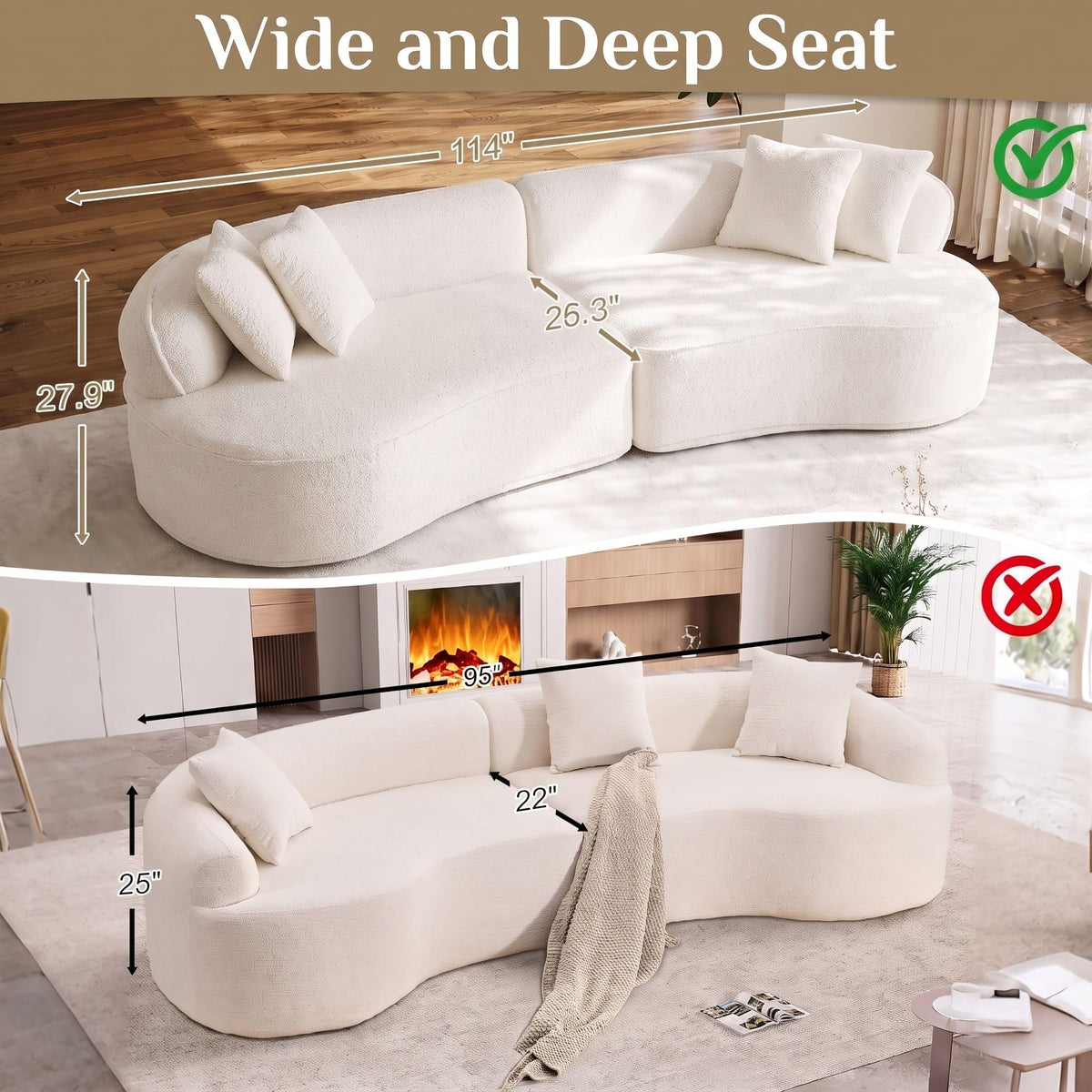 114" Curved Oversized Sectional Sofa,Modern Sherpa 4-Seater Extra Deep & Wide Seat Cloud Couch with 4 Throw Pillows,couches for Living Room&Apartment,No Assembly Required,White