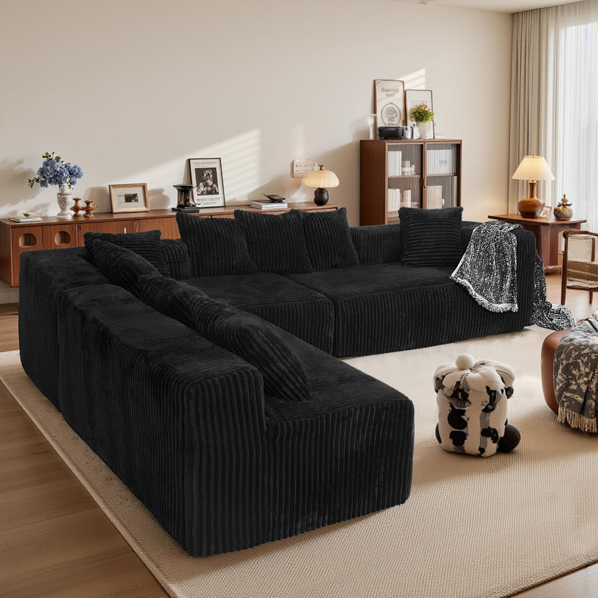 130" Cloud Couch Sectional, Boneless Couch, Corduroy Sofa for Living Room, U Shaped Modular Sofa with Chaise, No Assembly, 4 Seats Oversized, Black