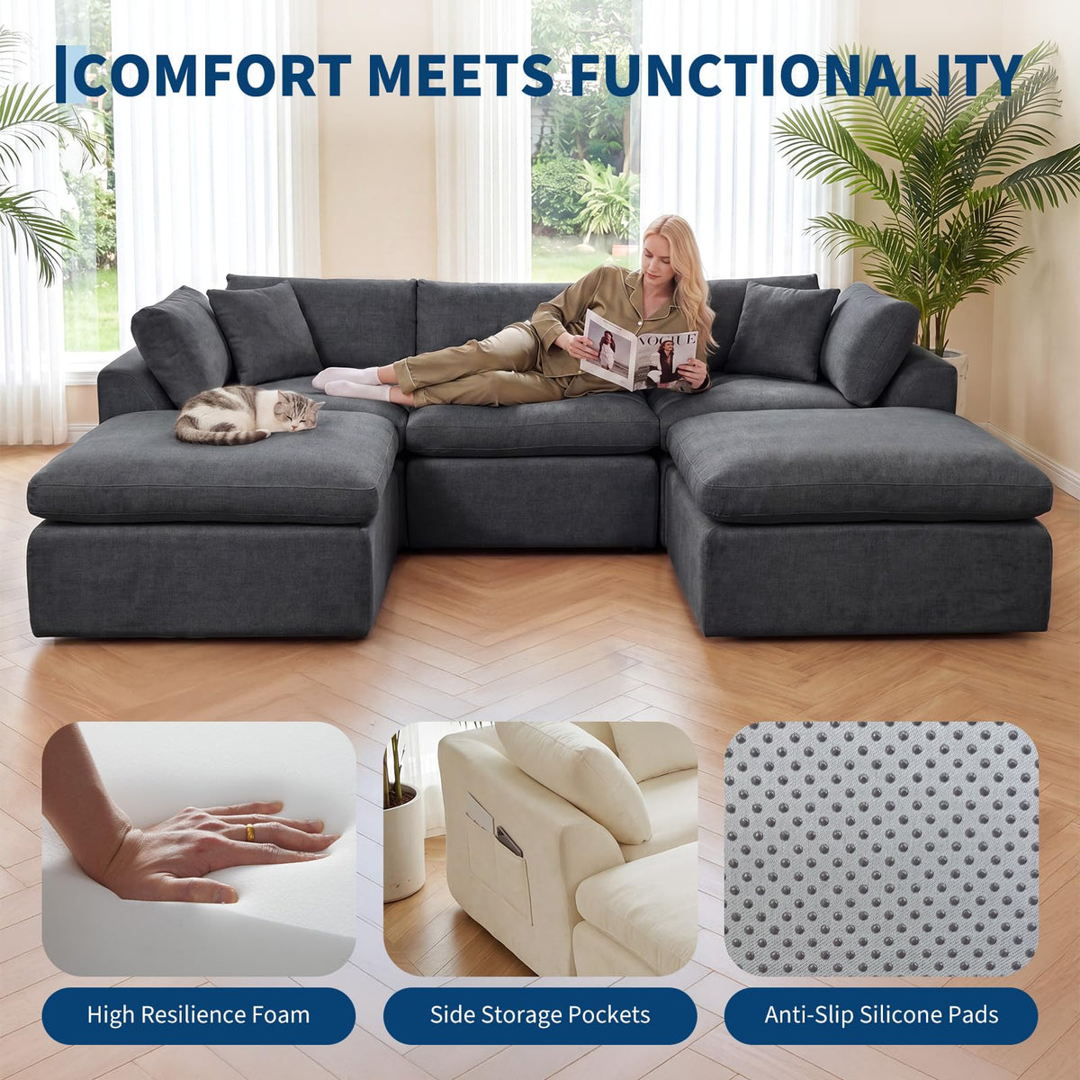 WildVenture Modular Chenille Sectional Sofa Set with 2 Ottomans,30D Chenille Upholstery with Polyurethane Foam, No Assembly Required, Compressed Easy-Move Design, Grey