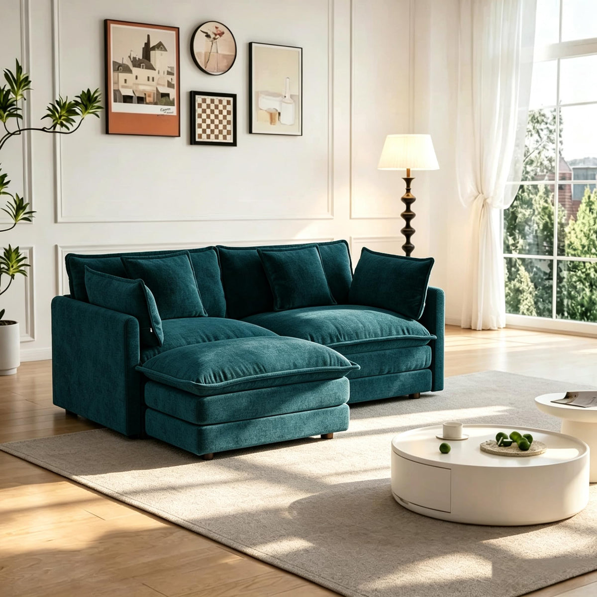 103.8" L-Shaped Sectional Sofa, Modular Chenille Cloud Couch, Deep Seat 4-Seat Sofa for Living Room with Ottoman & Pillow, Easy Assembly, Blue