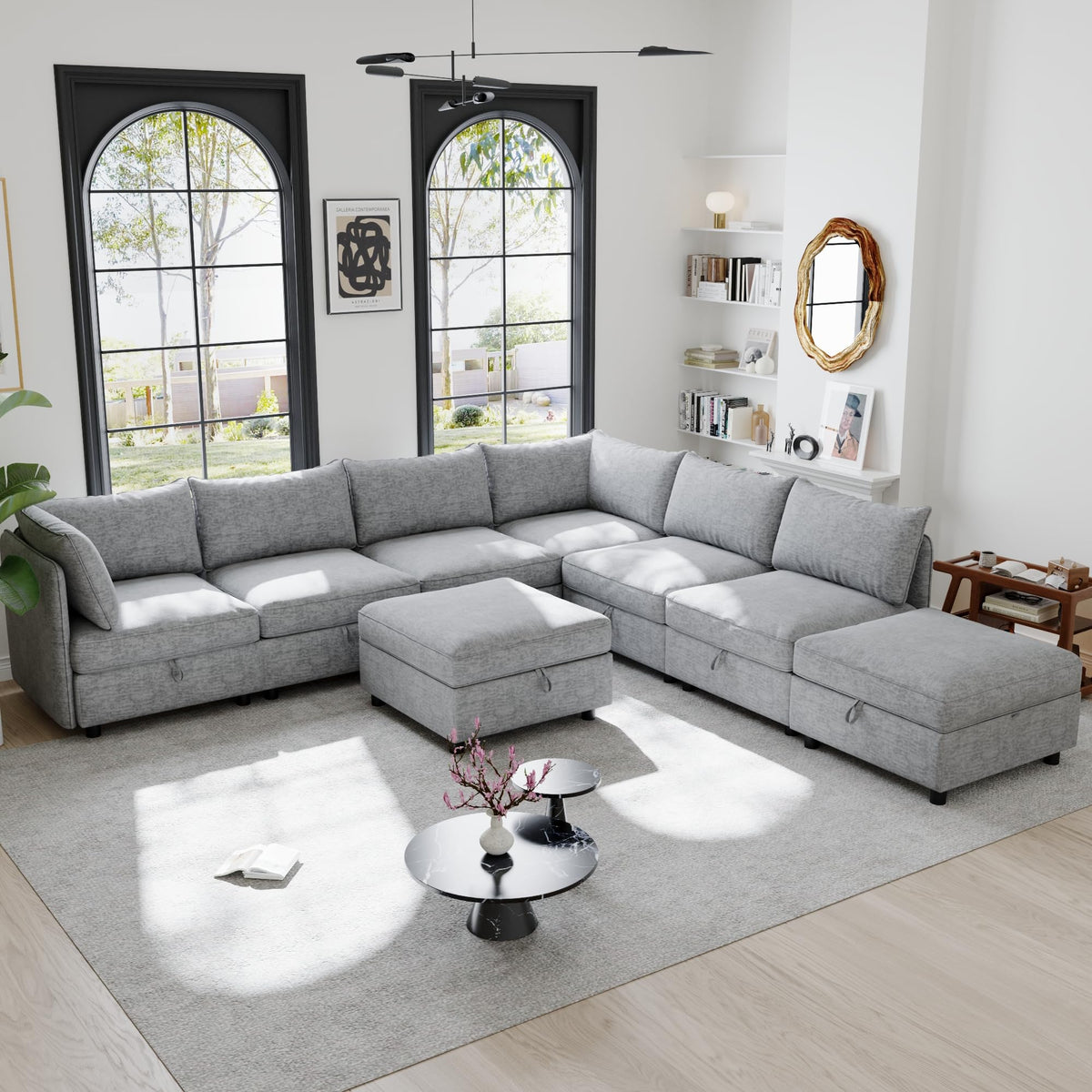 129” Modular Sectional Sofa, Convertible 6 Person U Shaped Couch with Storage, 2 Removable Ottomans & Deep Seats, Memory Foam, Comfy Modular Couch for Living Room (Antique Blue, 6 Seat)