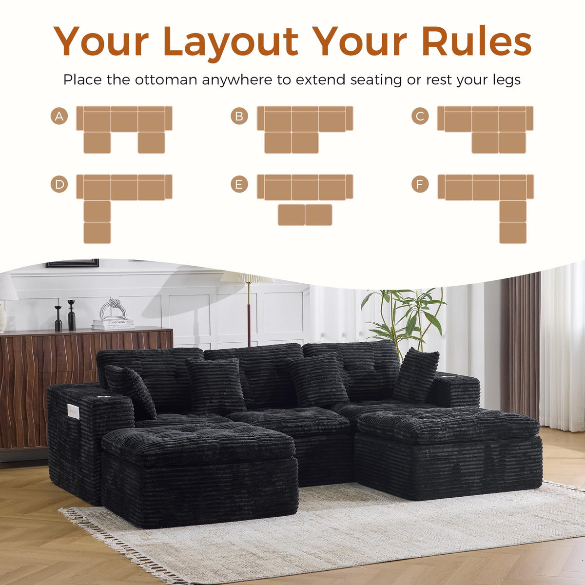108.08" Boneless Sectional Couch, Modern U Shaped Modular Sectional Sofa Corduroy Upholstered for Living Room Oversized Deep Seat Cloud Couch with 2 Ottoman, No Assembly, Black