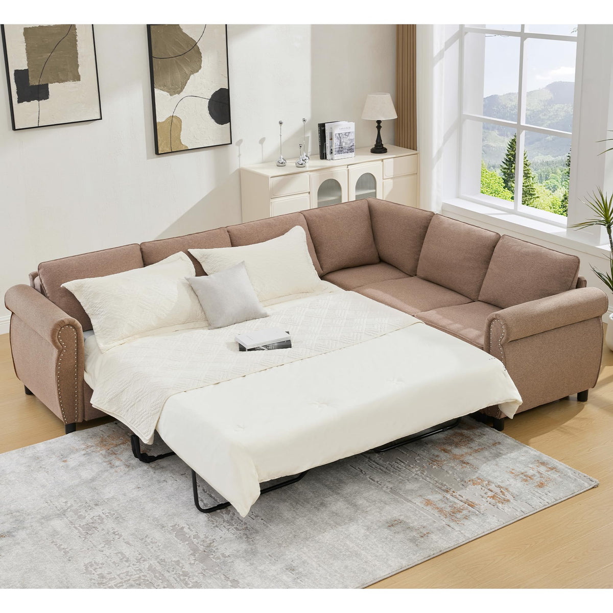 106.5" Pull Out Sofa Bed,L Shaped Modular 4 Seater Couch,2-in-1 Sleeper Sofa,Wireless Charging, USB Charging Ports,Memory Foam Mattress,Storage Space