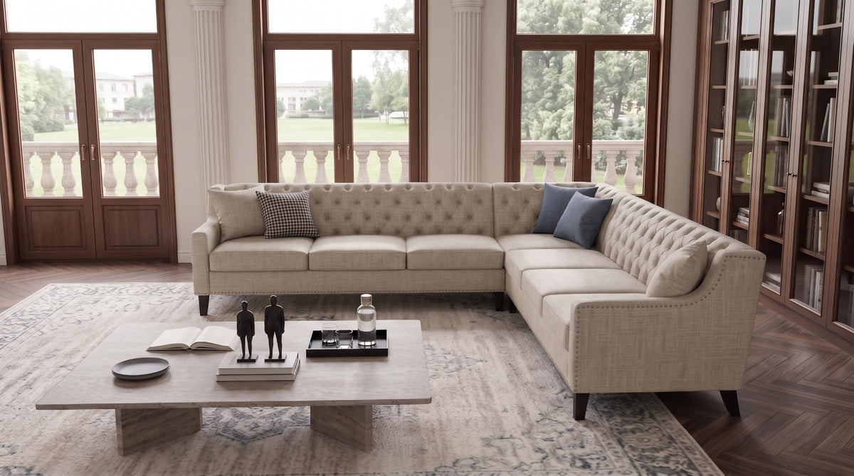 103" X 103" 7 Seat Corner Sofa L Shaped Couch Chenille Sectional Couch with Three Pillows Tufted Backrest Chesterfield L Shaped Sofa Sectional Couches for Living Room Office, Restaurant, Bar Beige