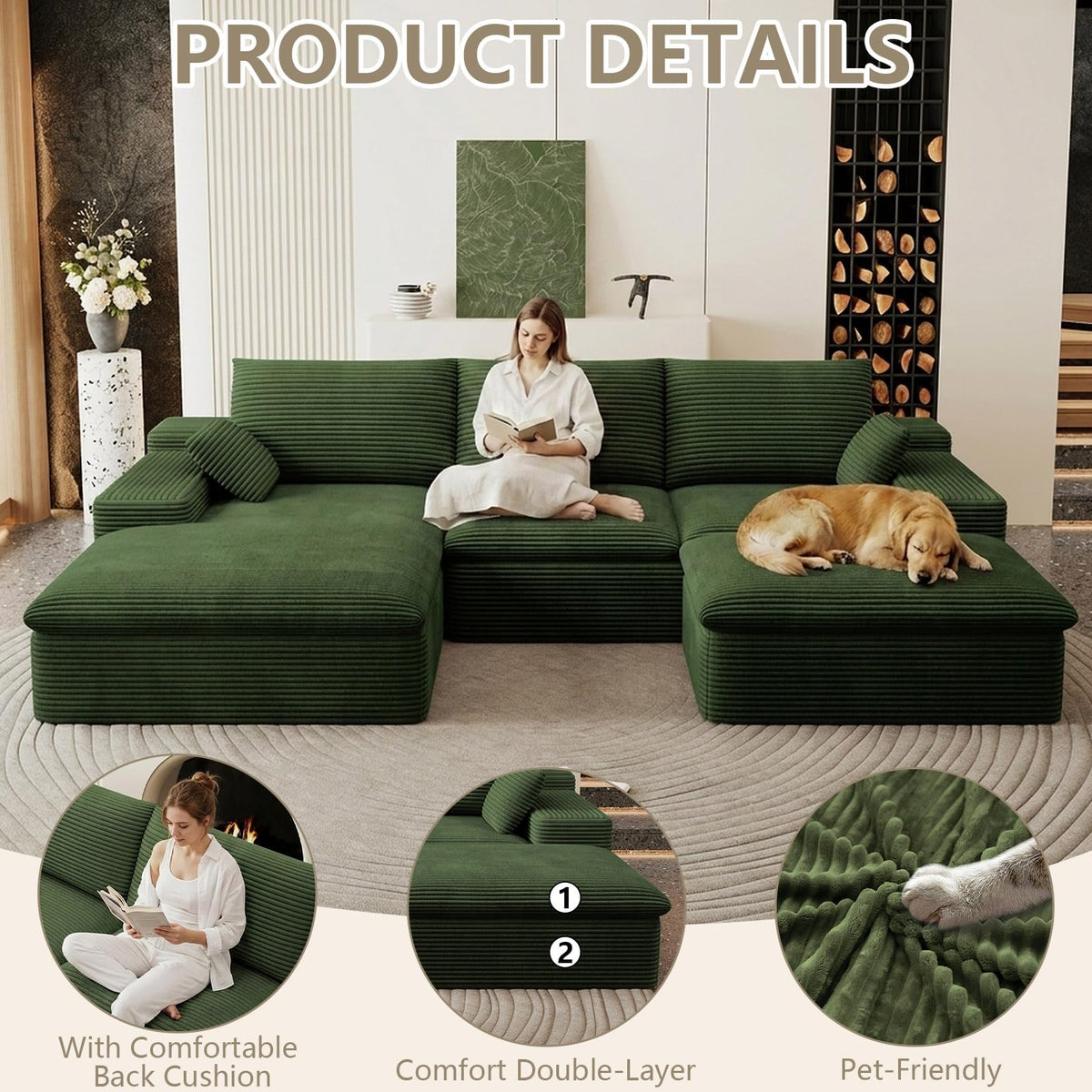 107" Cloud Couch Modular Sectional Couchs with Chaise Lounge, U-Shape Boneless Couches with Ottoman for Living Room, Corduroy Sofa with Deep Seat, No Assembly Required (Green, Left Facing Chaise)