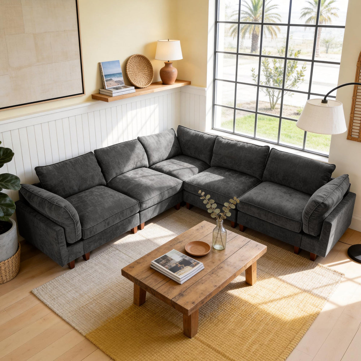 126" L Shaped Faux Leather Couch with Deep Seat for Living Room, Grey
