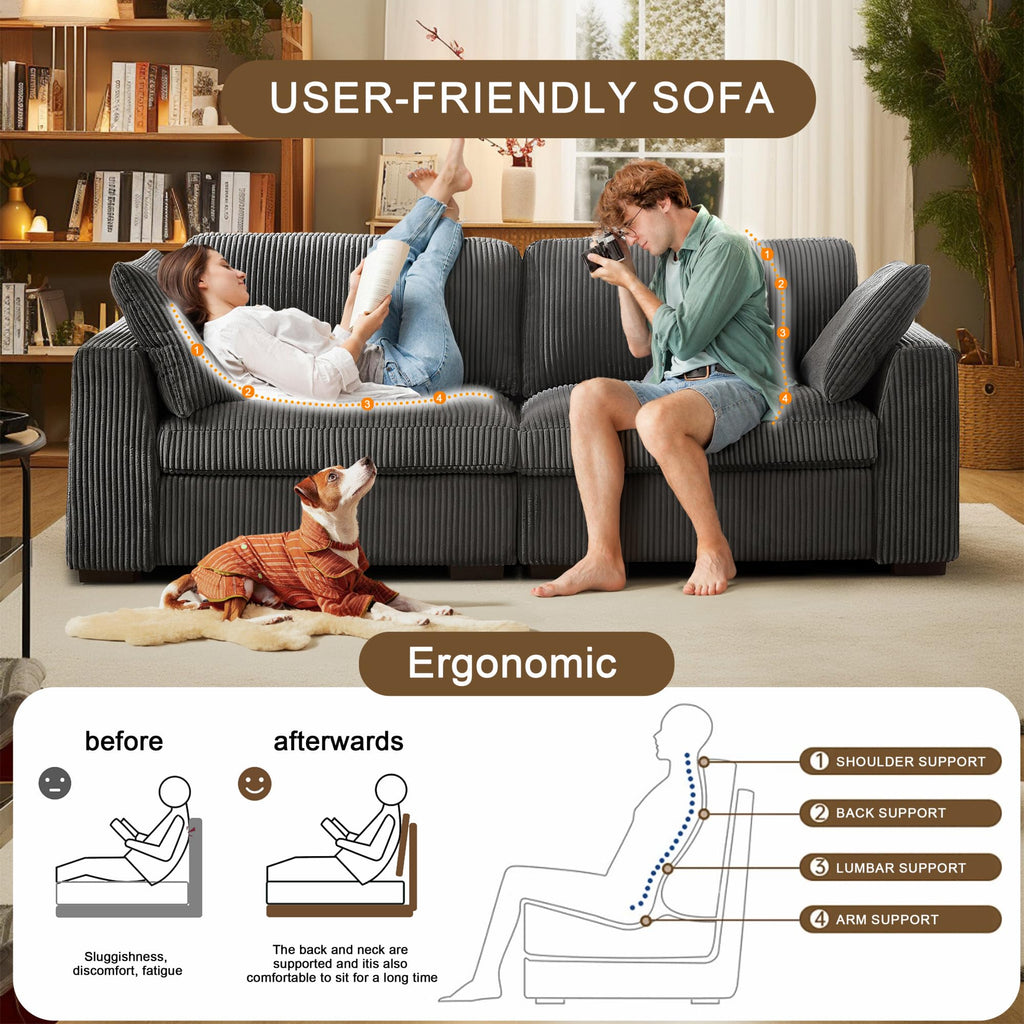 130" Sectional Couches for Living Room Boneless Couch Upholstered Cloud Couch Sectional Modular Sectional Sofa with L Shaped (Dark Grey, 3 Seat+1 Ottoman)