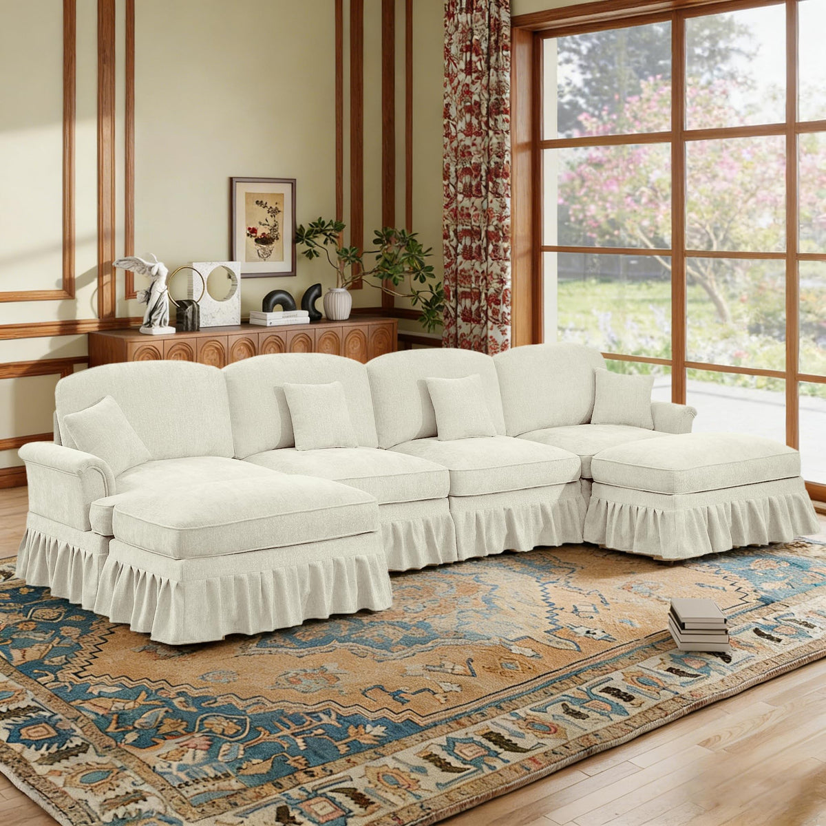 107'' Modern Sectional Sofa, Upholstered U-Shaped Couch with Removable Ruffles Pleats Skirts, Silver Chenille Cloud Couch, Ottoman, Flared Arms, 4-Seat Couches for Living Room, Bedroom, Camel