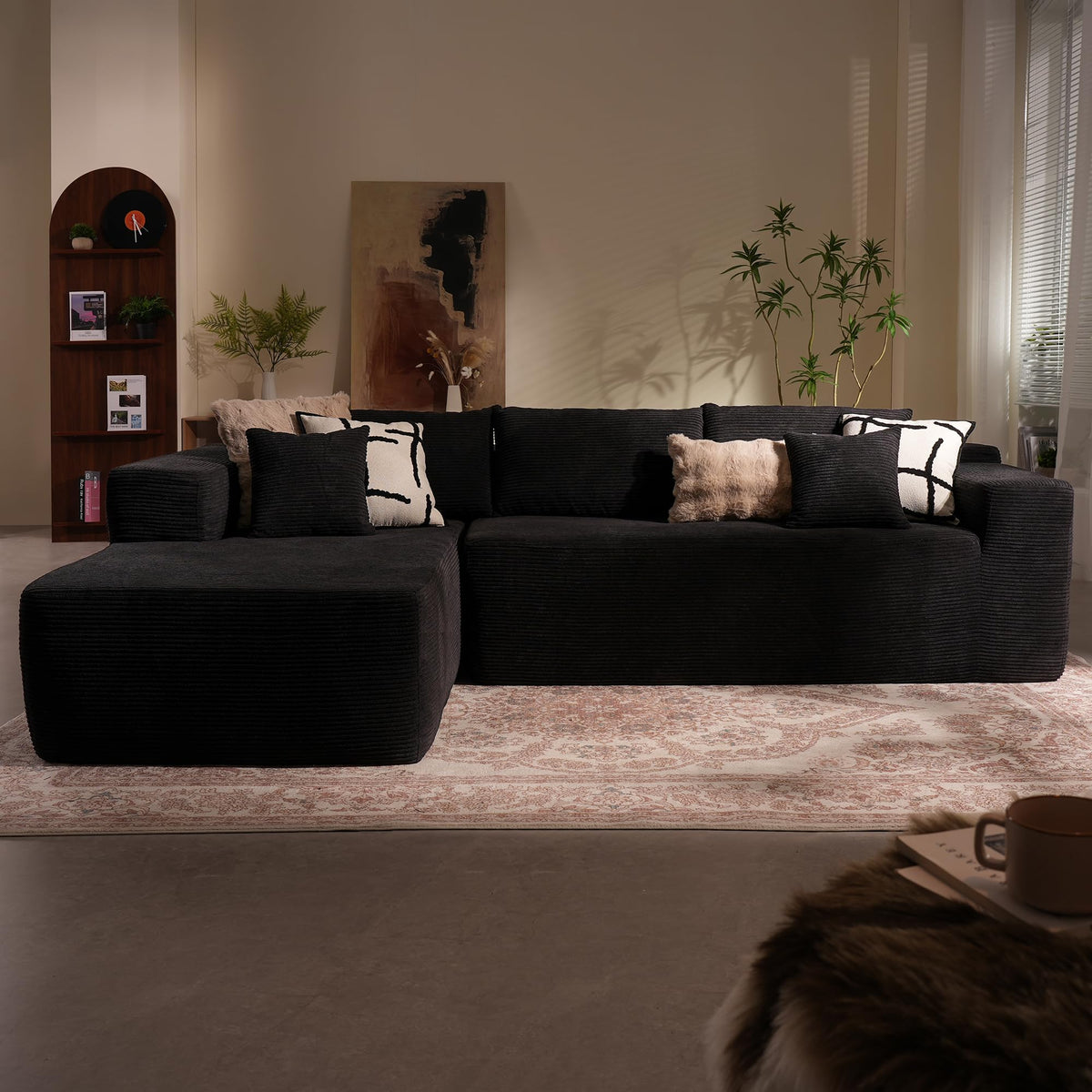 106" Modular Cloud Sectional Sofa Couch - L Shaped Lounge Couches for Living Room with Chaise,Mdoren Minimalist Sleeper Sofa,Deep Seat,No Assembly Required (Black,Plush Fur, Left Facing Chaise)
