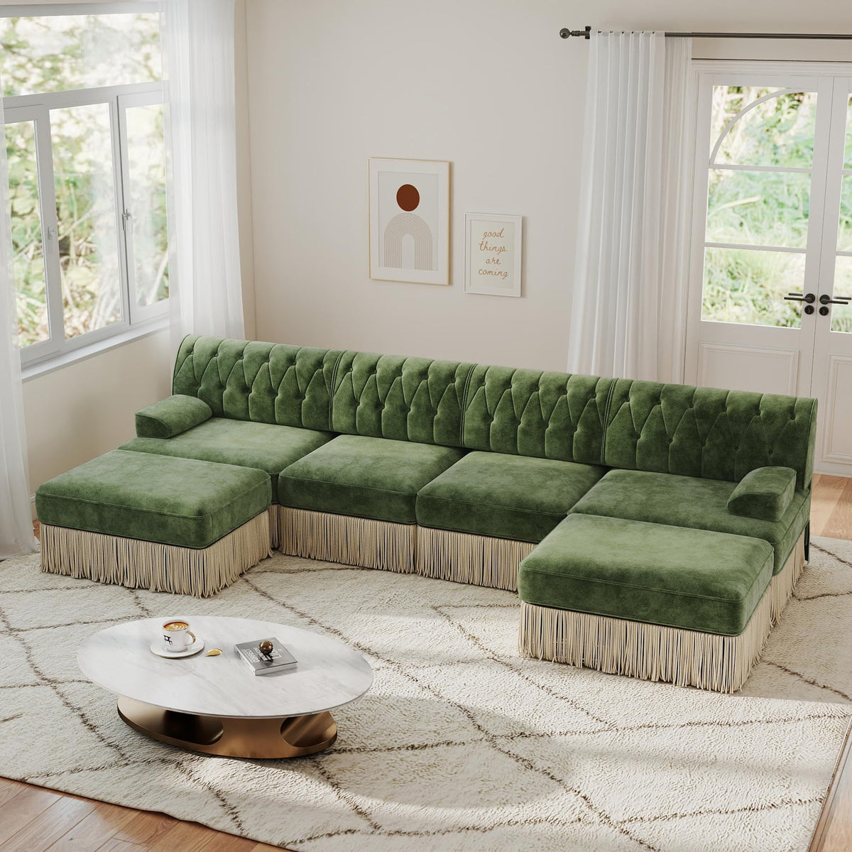 Unique Chesterfield Style Modular Sectional Sofa, 135.6” L-shaped Boneless Sofa with Velvet Fabric, Floor-grazing Tassel Fringe Skirt and Button Tufted Design for Living Room, Easy to Assemble, Beige