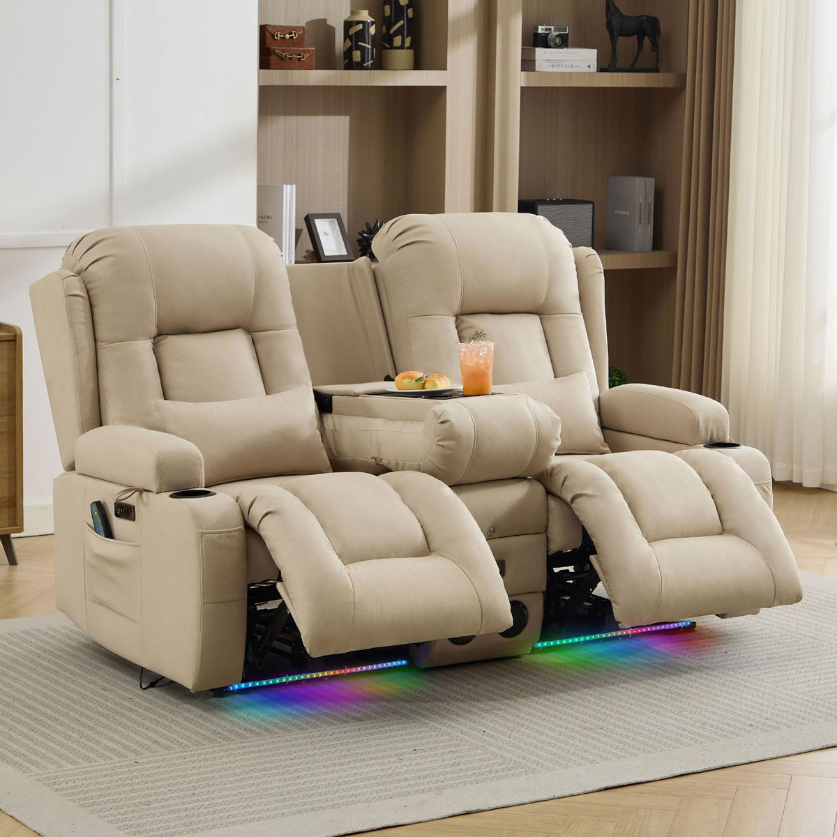 TUNYI Wall Hugger Loveseat Recliner Sofa with Console, Power Reclining Loveseat RV Couch with Massage & Heat/USB/Outlet/Storage/LED Light/Speaker (Blue, 2 Seat with Console)