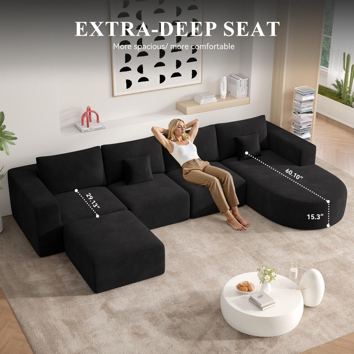 134" Boneless Couches for Living Room,Large U-Shaped Modular Sectional Sofa with Convertible Ottoman,Modern Cozy Cloud Couch in a Box,Sponge Compression Deep Seat Sofas with Chaise,Black