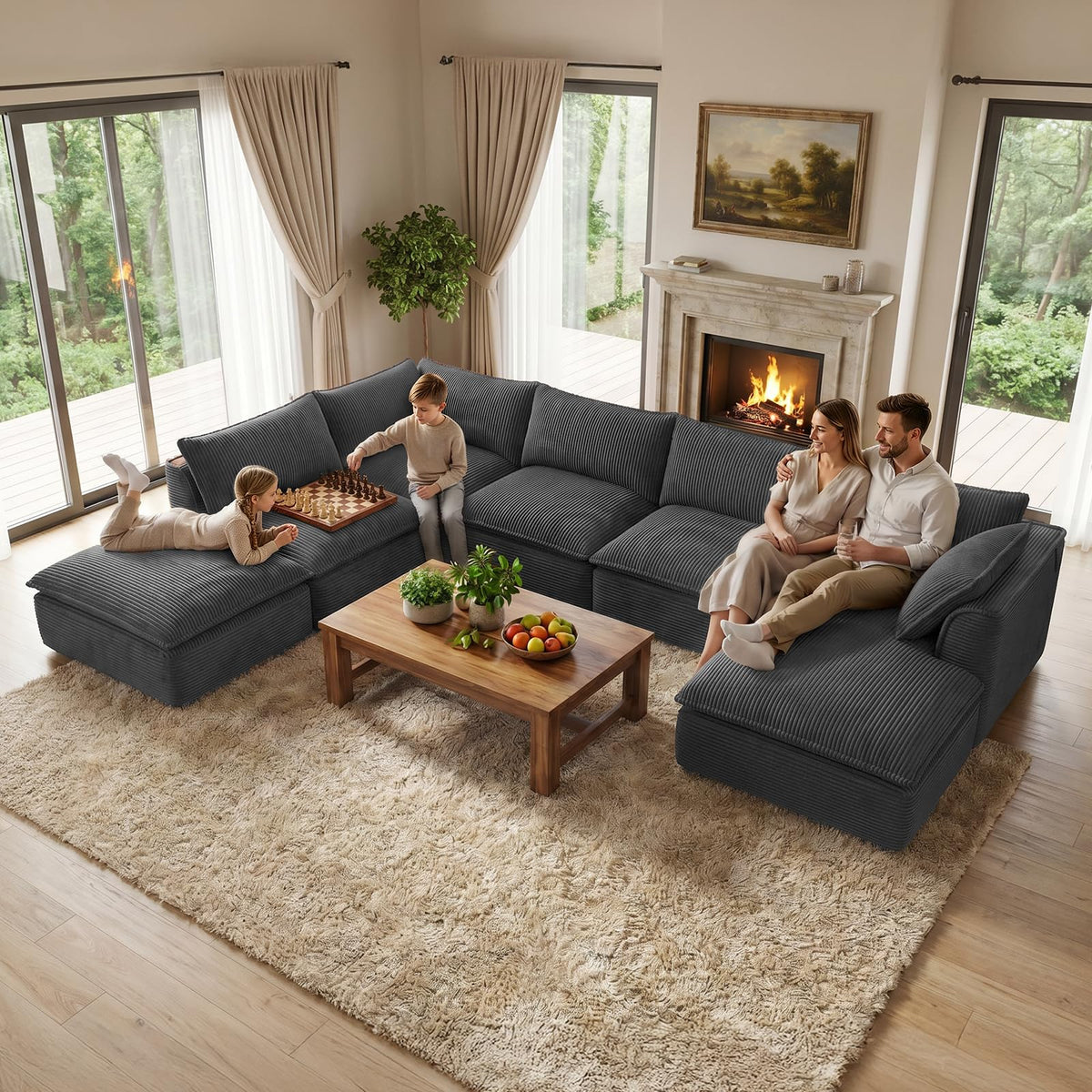 Vesgantti Oversized U Shaped 7 Seater Boneless Couch with Chaise, Black