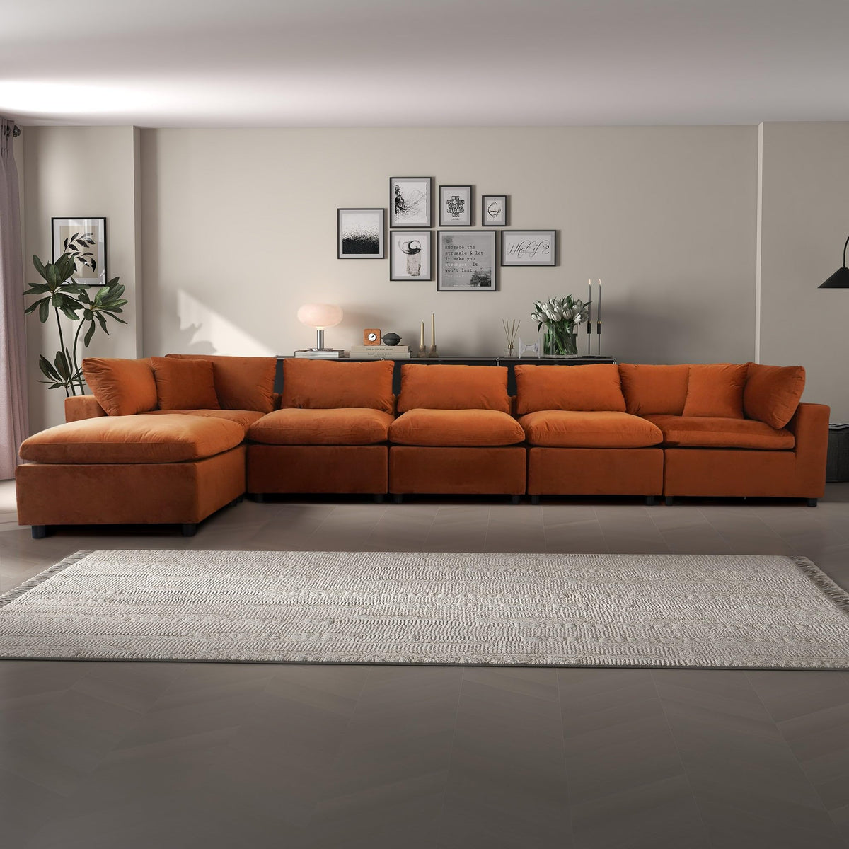 Velvet Modular Sofa in Burnt Orange, Sectional with L-Shape Design, Easy Assembly for Contemporary Homes